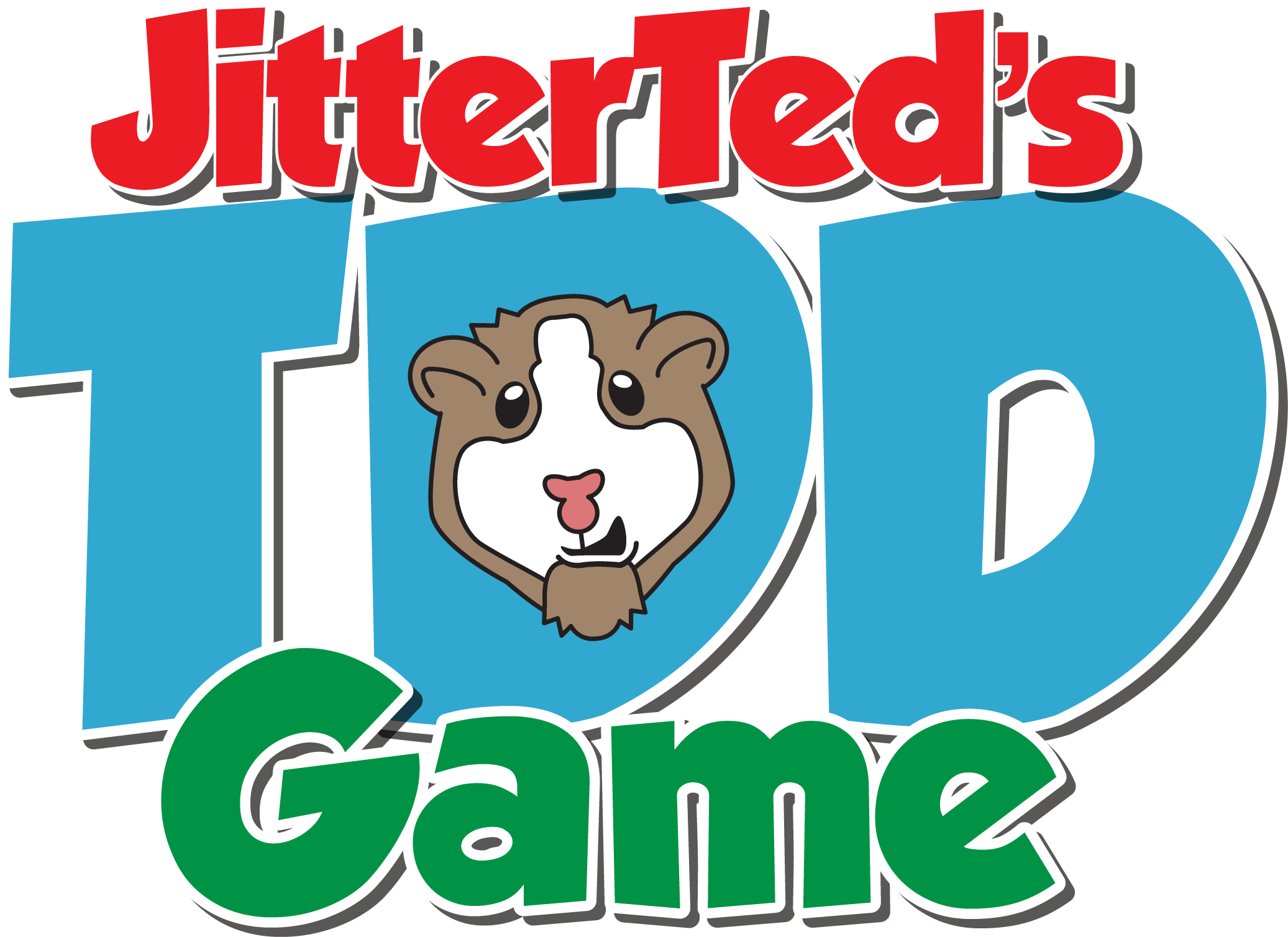 Logo of Jitter Ted's TTD Game: the words in 3 lines, in red, blue and green, with a mascot's head poking out of the middle D of TDD